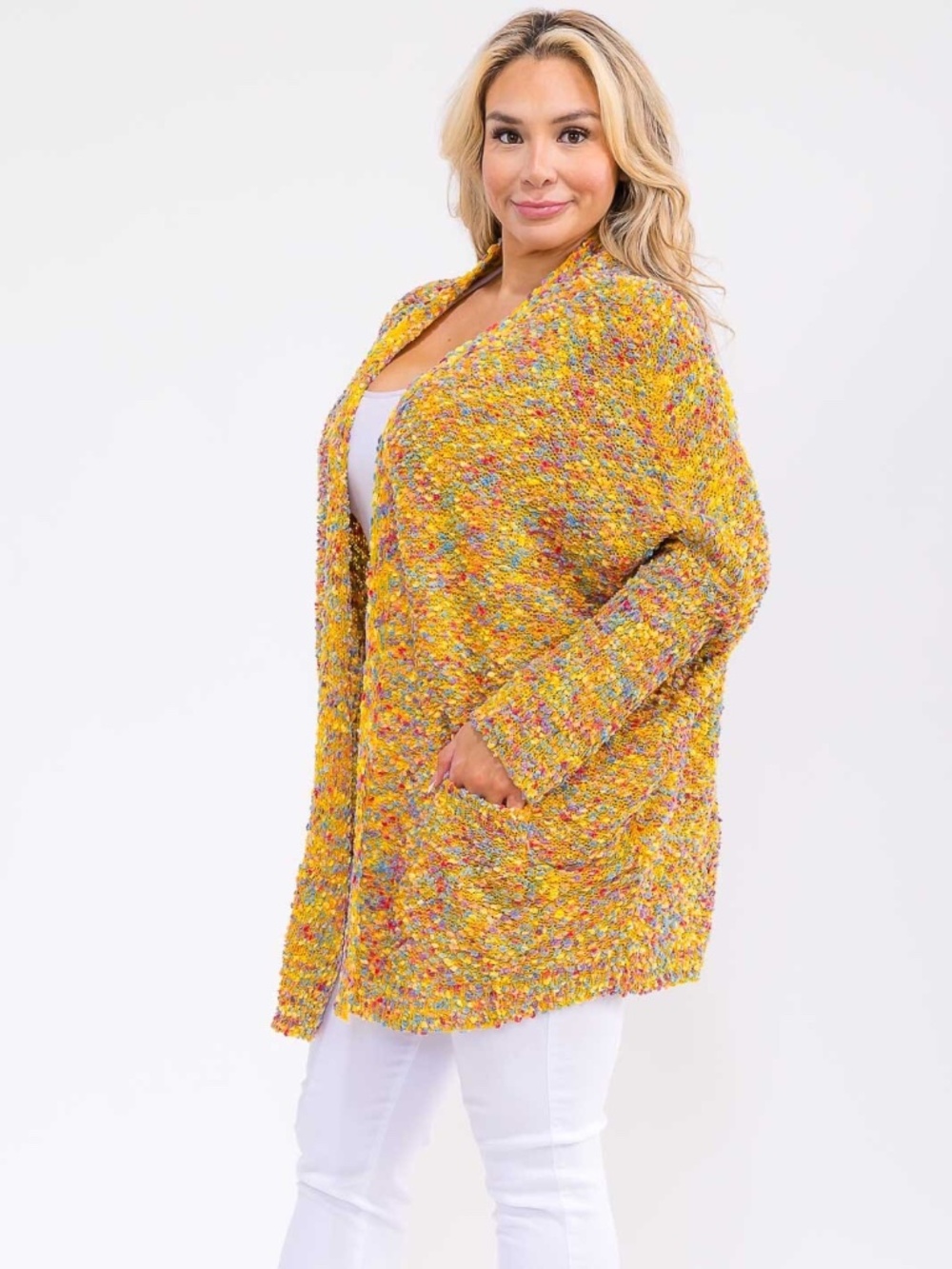 "Hayden" Plus Size Long Sleeve Open Front Pockets Multi Color Cardigan